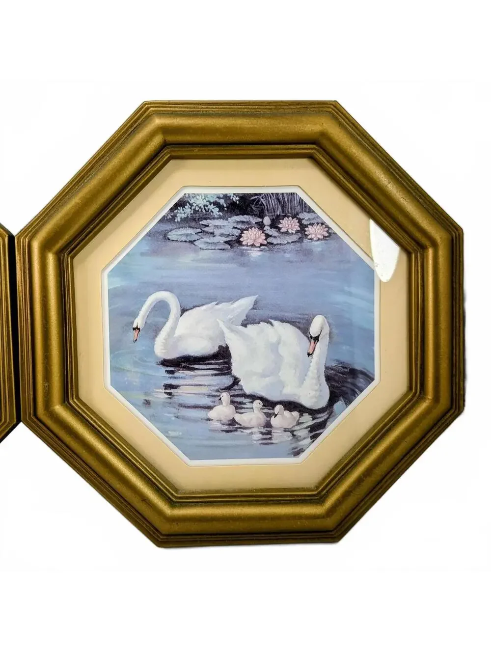 Vtg Homco Octogonal Framed Swan & Chicks Art - Set of 2
